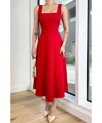Kadın Kare Yaka Kalın Askı Tasarım Midi Boy Elbise Kırmızı