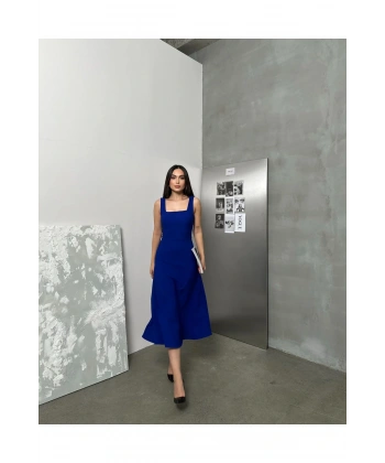 Kadın Kare Yaka Kalın Askı Tasarım Midi Boy Elbise