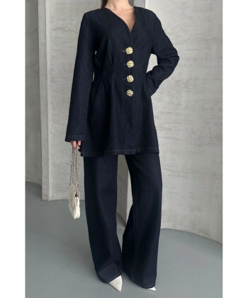 Koyu Lacivert Bağlamalı Denim Takım Oversize Ceket ve Pantolon