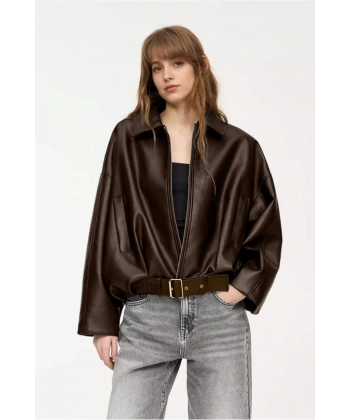 Yeni Sezon P&B Suni Oversize Bomber Deri Ceket