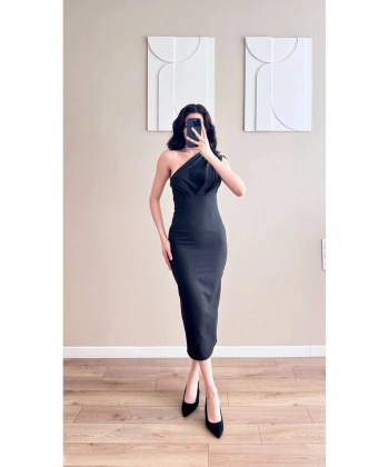 Kadın Yaka Pileli Tek Omuzlu Elbise