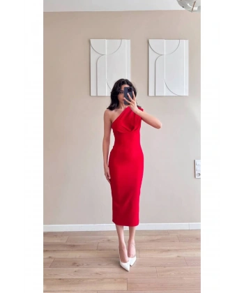 Kadın Yaka Pileli Tek Omuzlu Elbise