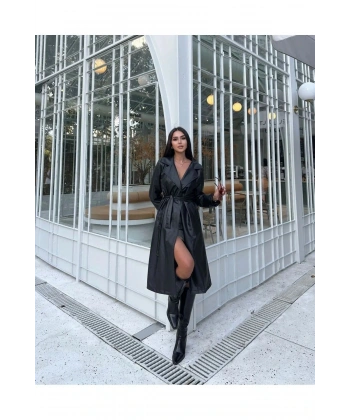 Kadın Siyah Kuşaklı Uzun Deri Pardesü