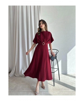 Bordo Kemer Detaylı Midi Elbise