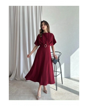 Kemerli Yırtmaçlı Bordo Kadın Elbise Midi 583292