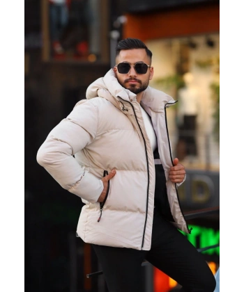 Erkek İçi Astarlı Kapüşonlu Su Ve Rüzgar Geçirmez Şişme Mont