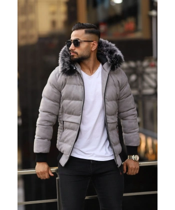 Erkek Kapüşonu Kürklü Şişme Süet Mont