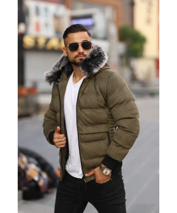 Erkek Kapüşonu Kürklü Şişme Süet Mont