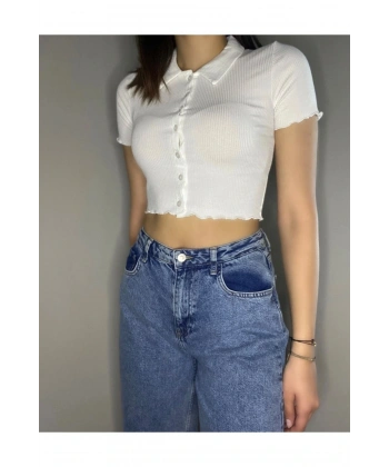 Düğmeli Gömlek Yaka Karkoşe Crop