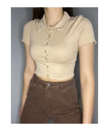 Düğmeli Gömlek Yaka Kaşkorse Crop