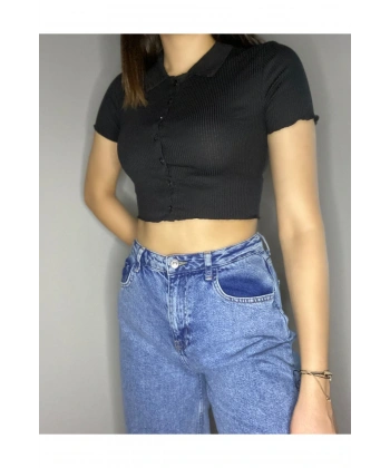 Düğmeli Gömlek Yaka Karkoşe Crop