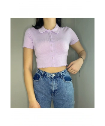 Düğmeli Gömlek Yaka Karkoşe Crop