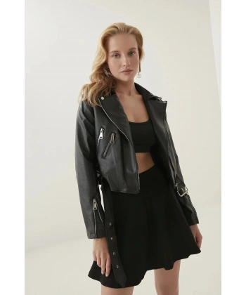 Siyah Biker Suni Deri Ceket