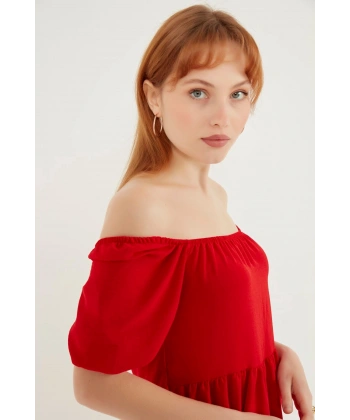 Kadın Kırmızı Madonna Yaka Elbise