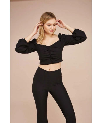 Kadın Siyah Fermuarlı Crop Bluz