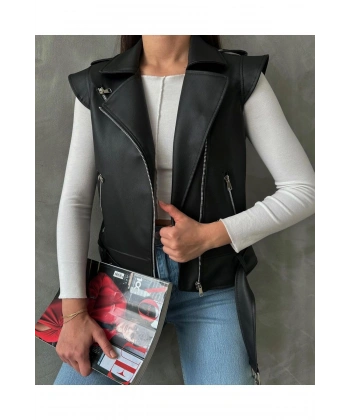 Kadın Siyah Deri Biker Yelek