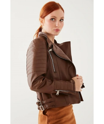 Kadın Kahve Kol Detaylı Deri Ceket