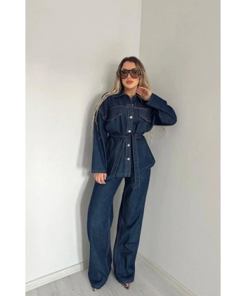 Koyu Lacivert Bağlamalı Denim Takım Oversize Ceket ve Pantolon