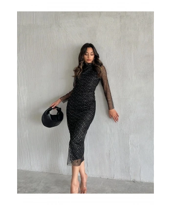 Kadın Siyah Hakim Yaka Gümüş Puantiye Detay Transparan Tül Kollu Astarlı Drapeli Midi Abiye Elbise