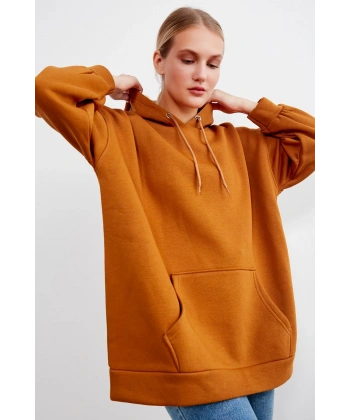 Kadın Kiremit Kapüşonlu Kanguru Cepli Sweatshirt