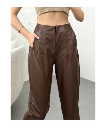 Kadın Yüksek Bel Şardonlu Deri Pantolon