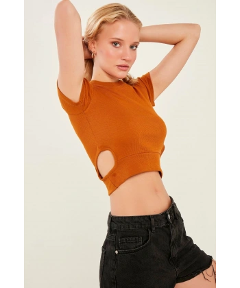 Kadın Koyu Hardal Pencere Detaylı Kaşkorse Bluz