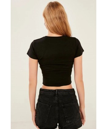 Kadın Siyah Örme Crop Bluz