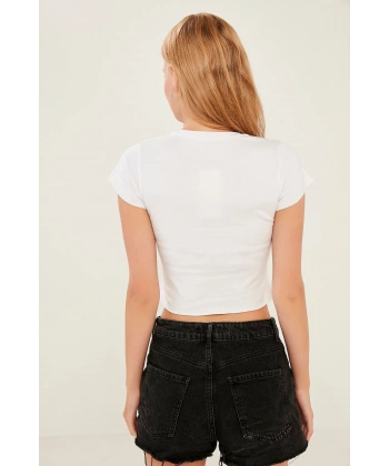 Kadın Beyaz Örme Crop Bluz