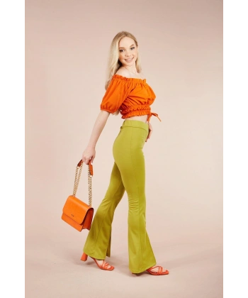 Kadın Yeşil Paçası Yırtmaçlı Ispanyol Tayt Pantolon