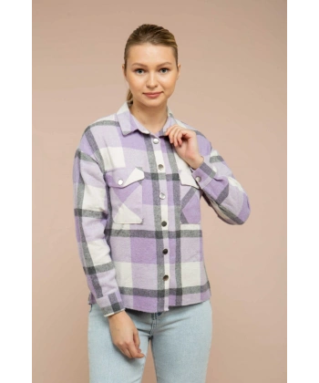 Kadın Lila Ekoseli Cepli Oduncu Gömlek