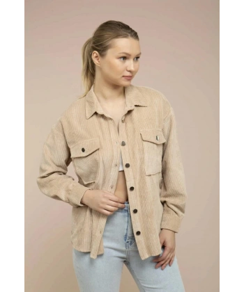 Kadın Kum Kadife Hafif Oversize Gömlek
