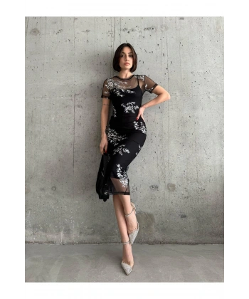 Siyah Bisiklet Yaka Yarım Kol Elbise  puqqa02