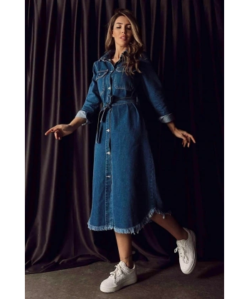 SAGİ Kadın Kuşaklı Denim Midi Elbise