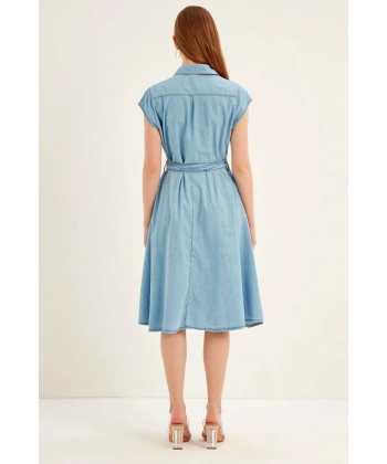 Kadın Lacivert Düğmeli Kuşaklı Kot Elbise