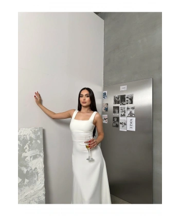 Kadın Kare Yaka Kalın Askı Tasarım Midi Boy Elbise