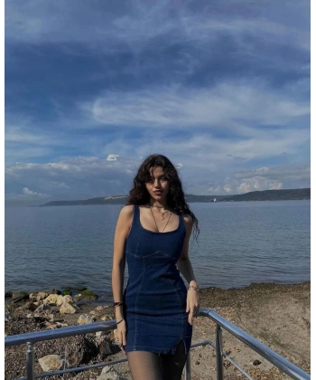 Kadın Mavi Askılı Kot Elbise