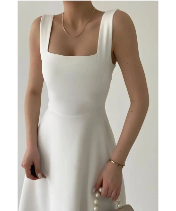 Kadın Kare Yaka Kalın Askı Tasarım Midi Boy Elbise Siyah