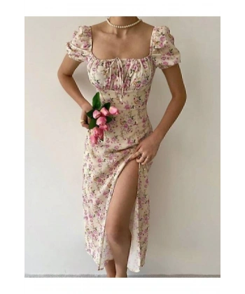 Kadın Sarı Çok Renkli Çiçek Desenli Kare Yaka Yırtmaçlı Premium Midi Elbise 02