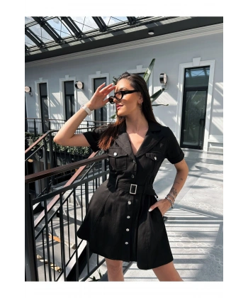 Kadın Siyah Gabardin Kemerli Elbise