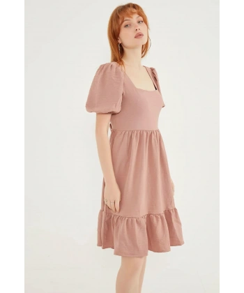 Kadın Gül Kurusu Sırt Bağlamalı Kare Yaka Elbise