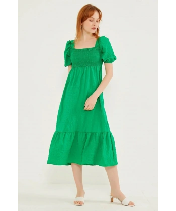 Kadın Koyu Yeşil Gipeli Gofre Elbise