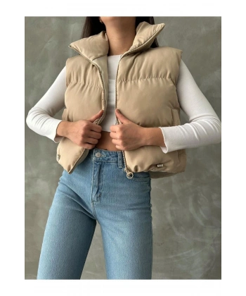 Kadın Krem Dik Yaka Şişme Yelek