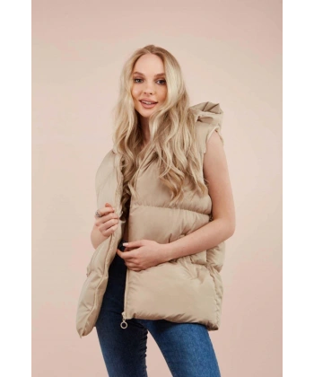 Kadın Krem Kapüşonlu Oversize Şişme Yelek