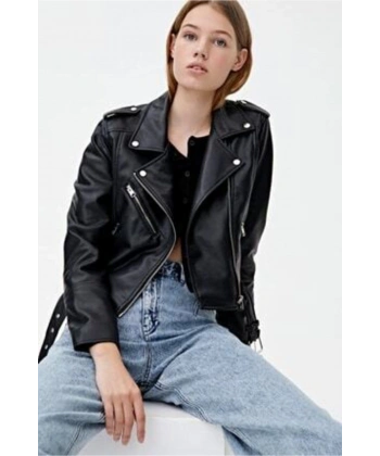 Kadın Siyah Kol Detaylı Suni Deri Ceket