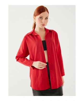 Kadın Kırmızı Oversize Uzun Basic Gömlek