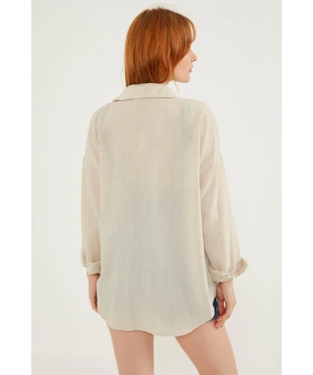 Kadın Krem Hafif Oversize Keten Gömlek