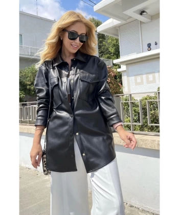 Siyah Ince Şardonlu Cep Detaylı Suni Deri Gömlek