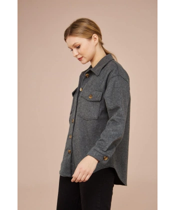 Kadın Antrasit Kaşe Pamuklu Oversize Ceket Gömlek