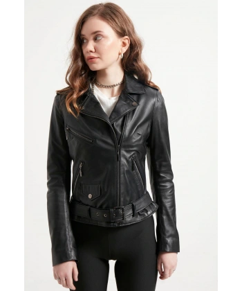 Kadın Siyah Cep Detaylı Hakiki Deri Ceket
