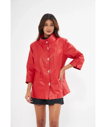 Kadın Hakiki Deri ceket Kırmızı Renk Yarasa Kol Önleri Çıt çıtlı